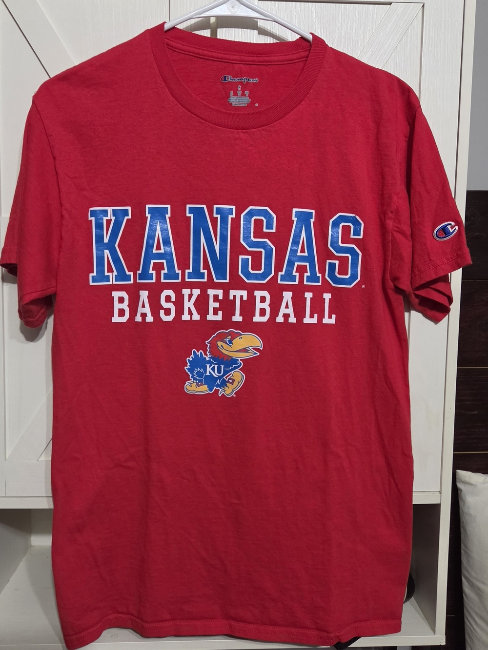 Champion Red Kansas Basketball Tee with Blue & White Print